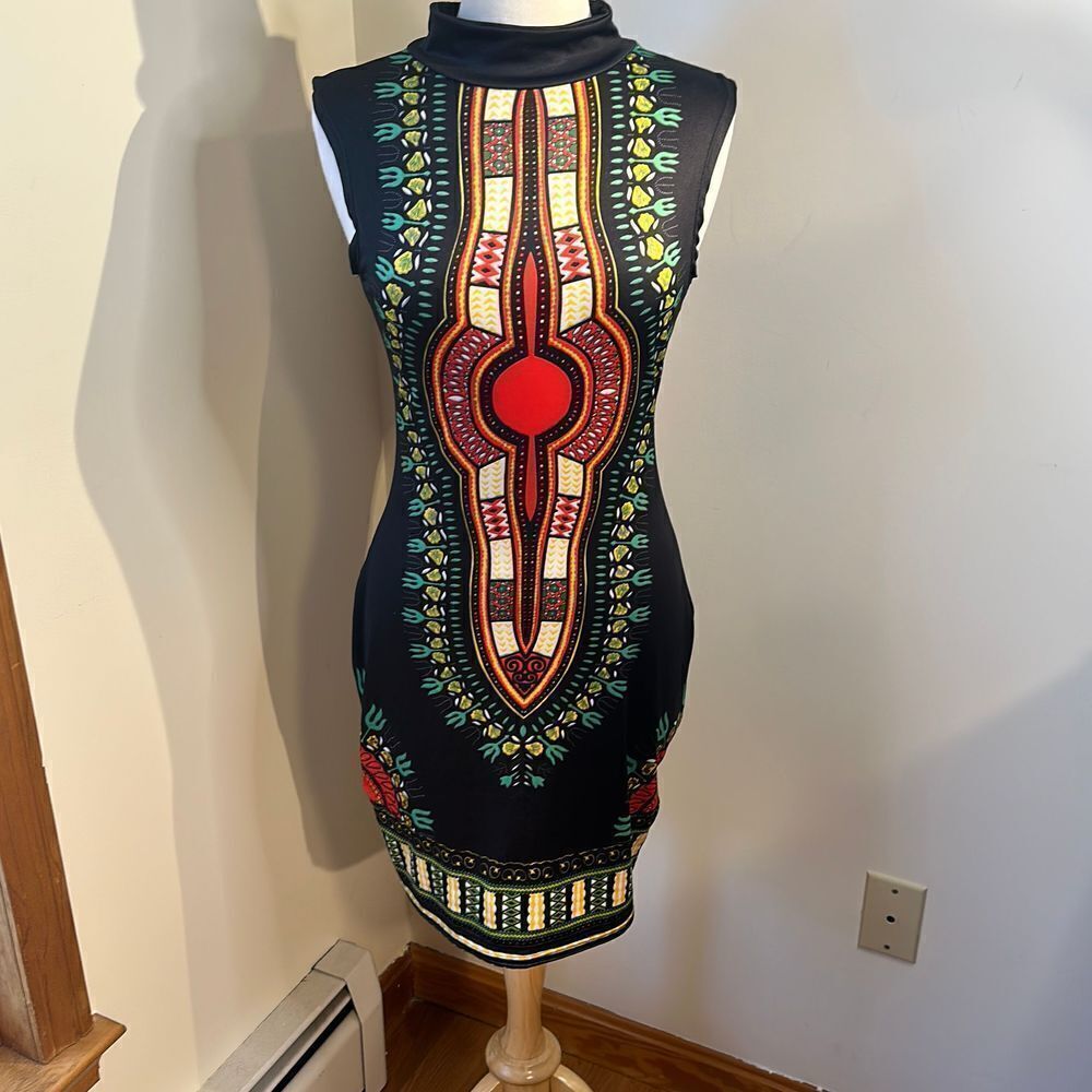 Fun bodycon colorful dress mock collar fits like a medium - Picture 8 of 11